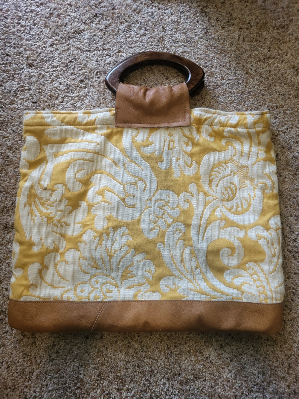 Yellow and Cream Patterned Tote Bag with Brown Trim